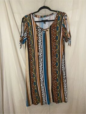 Goddess midi length shift dress cold shoulder multicolor pattern size Large